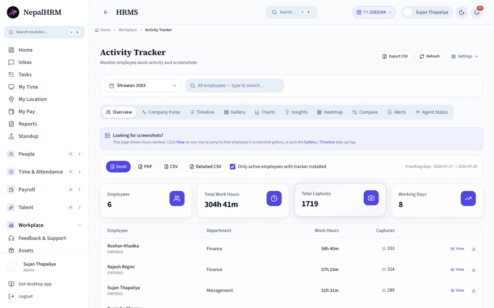NepalHRM activity tracker overview for a Nepali month: employees, total work hours, captures and working days, with per-employee hours below