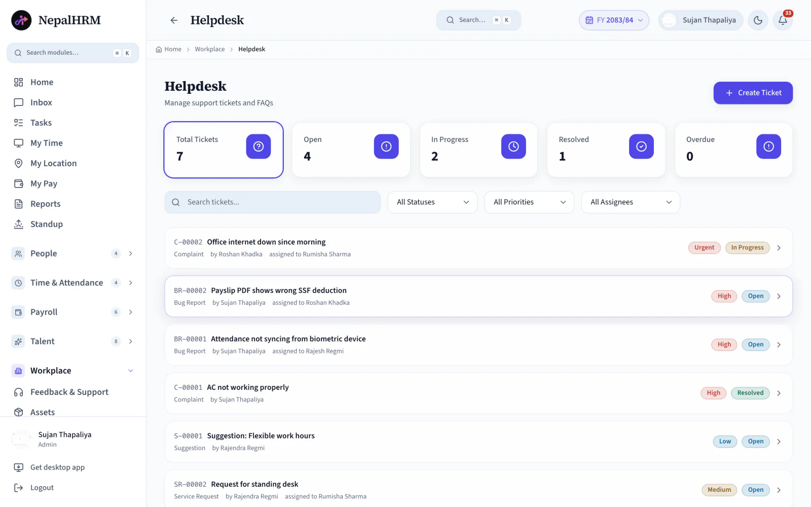 NepalHRM helpdesk ticket queue with total, open, in-progress, resolved and overdue counters and typed, prioritised ticket rows